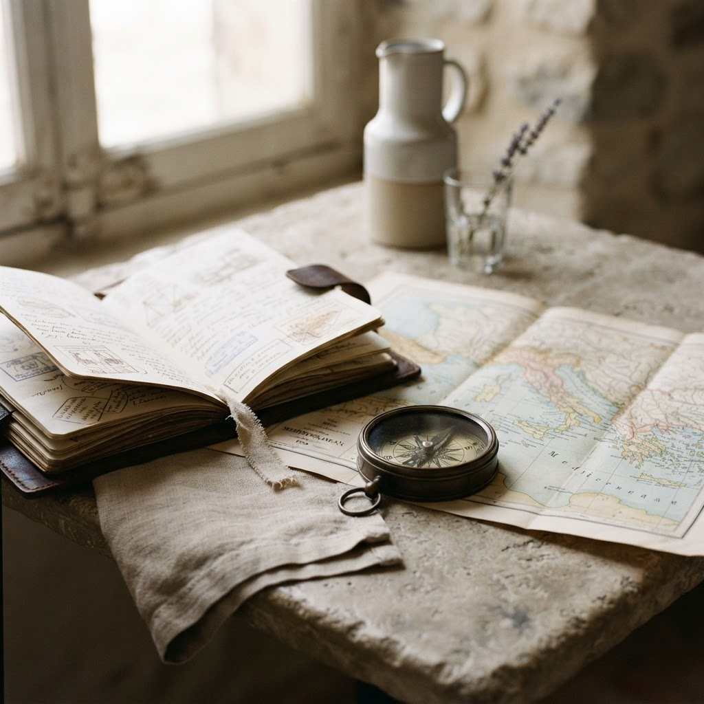An open journal, vintage map and brass compass on a stone table